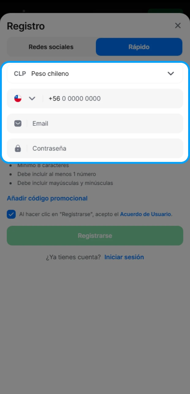 Rellena el formulario de registro de 1Win.