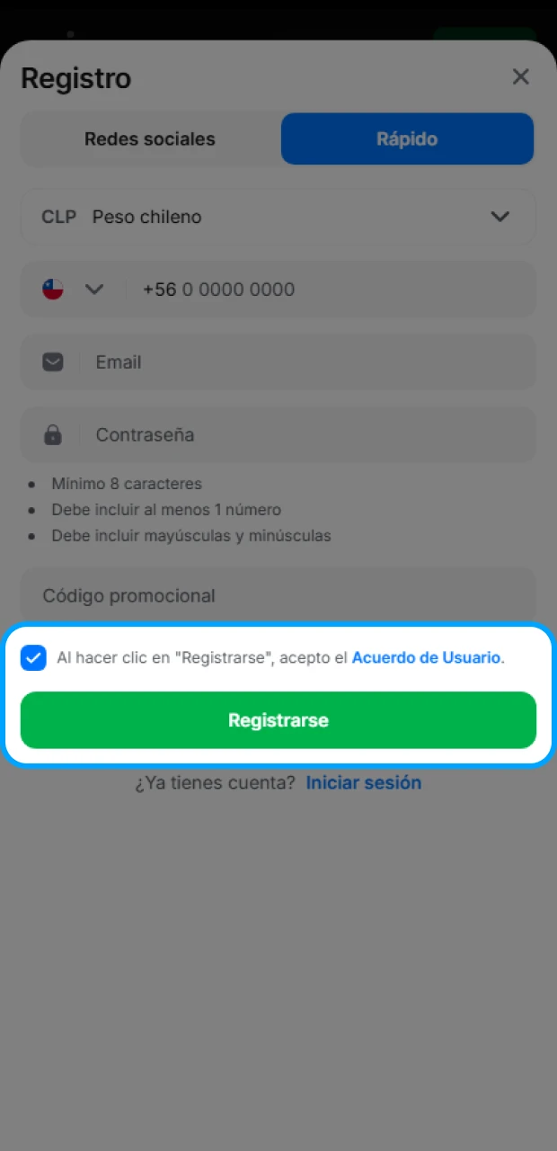 Acepta las normas del sitio web de 1Win y completa el registro.
