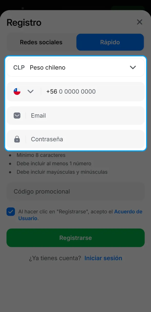 Ingresa tus datos correctamente para obtener el código promocional de 1win en Chile.