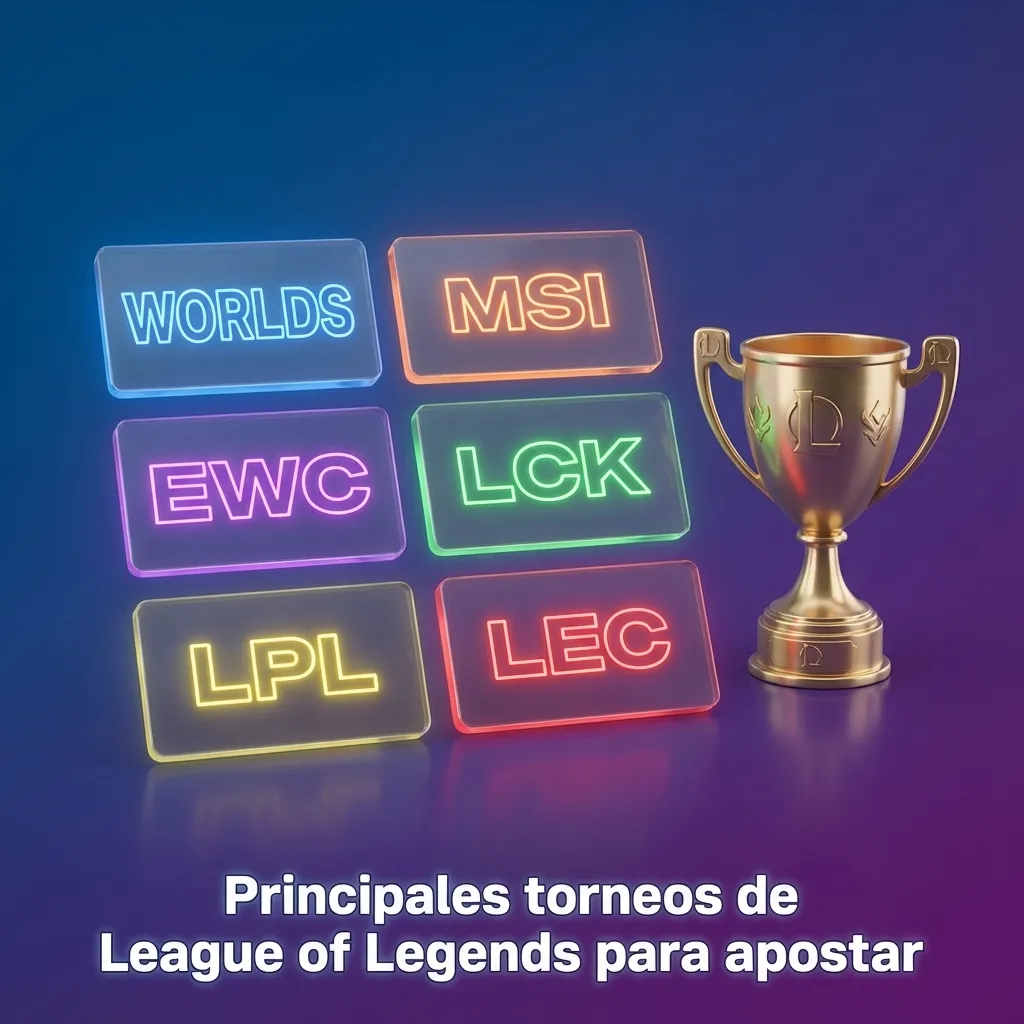 Collage de torneos de League of Legends con logos de Worlds, MSI, EWC y ligas LCK, LPL, LEC sobre fondo de apuestas