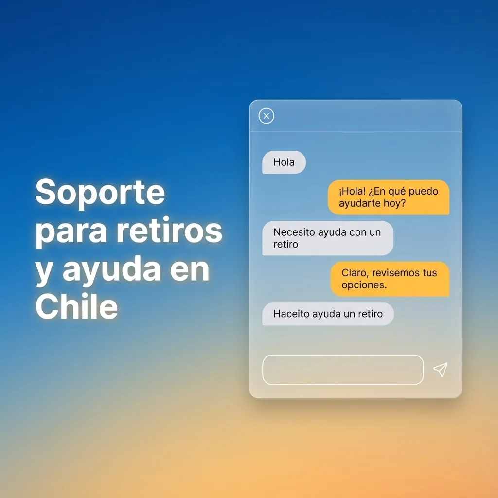 Ilustración de soporte al cliente en Chile con chat, correo y app móvil para consultas sobre retiros y pagos