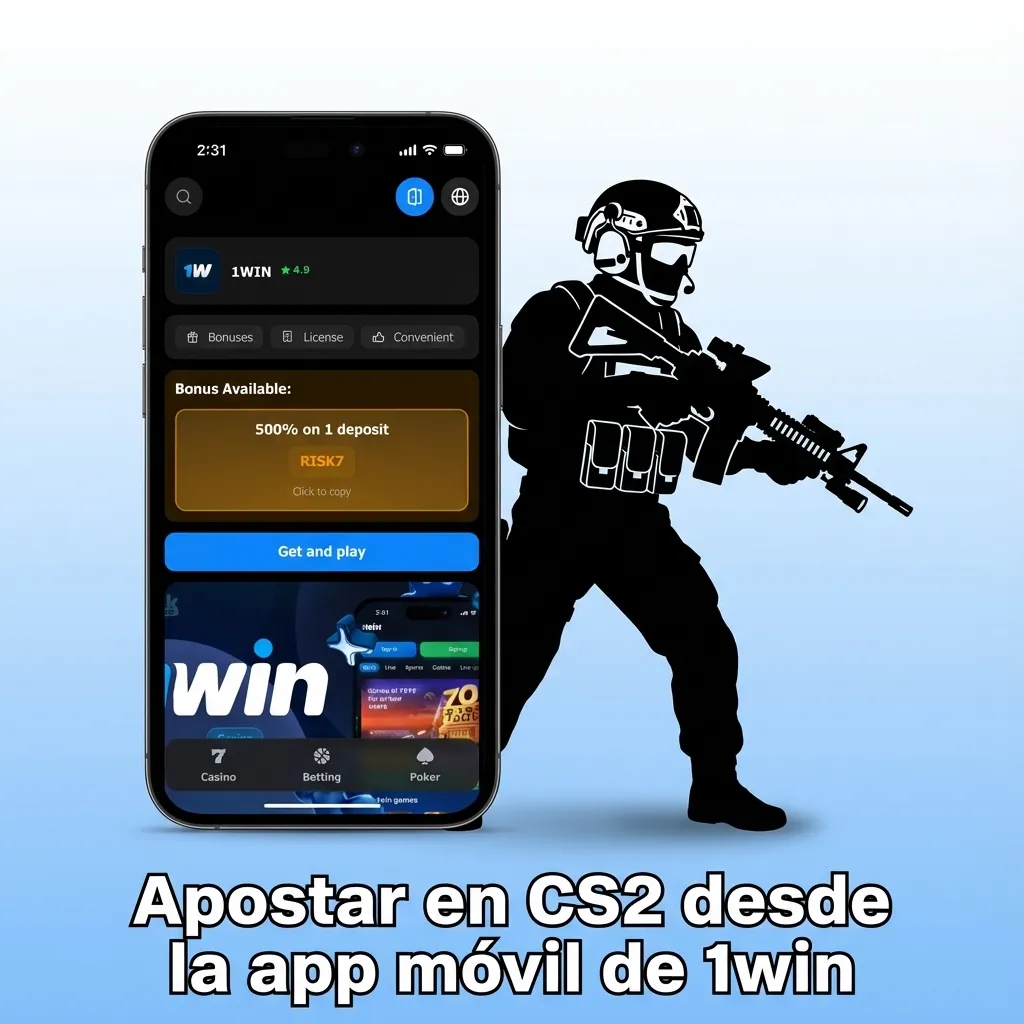 Persona usando app móvil de 1win para apostar en CS2 en Chile, mostrando partido en vivo y mercados de apuestas en pantalla