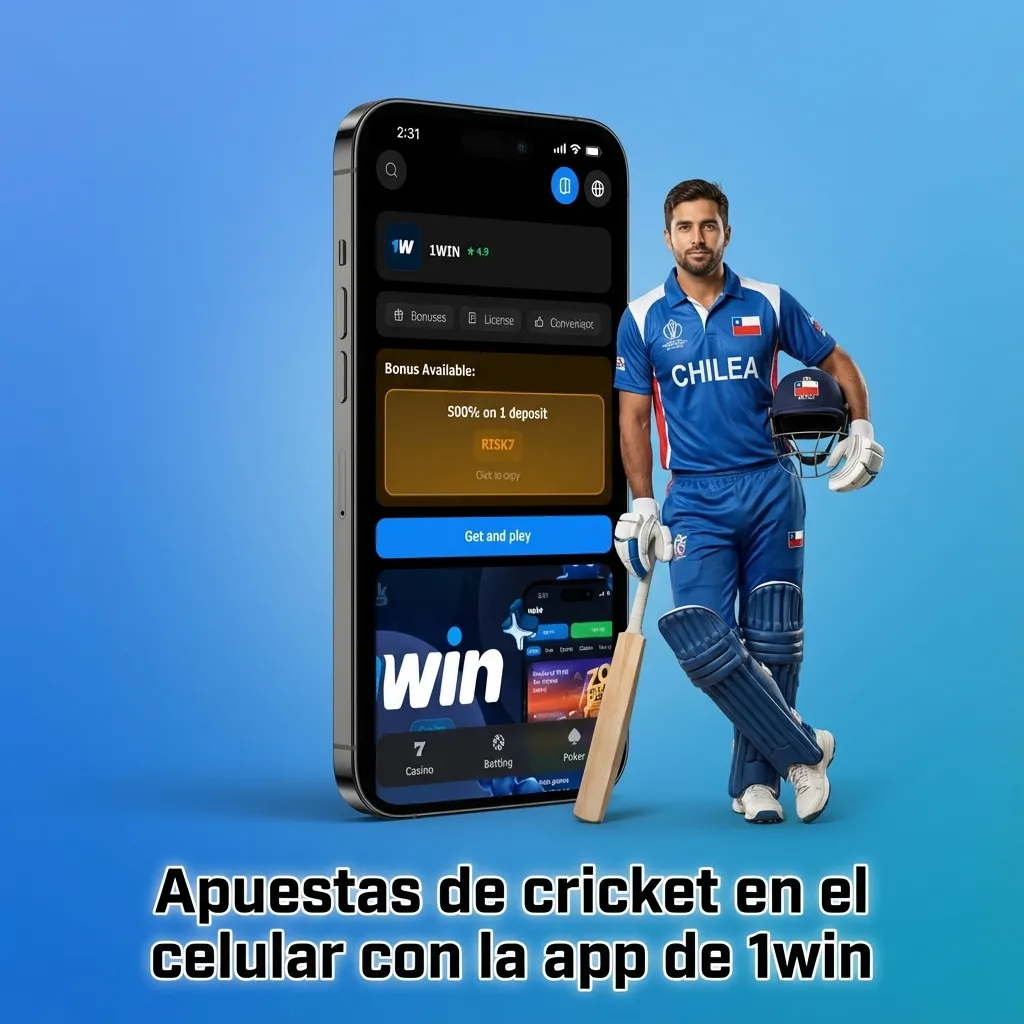 Persona usando app móvil de 1win para apostar en cricket en vivo y prepartido en un smartphone.