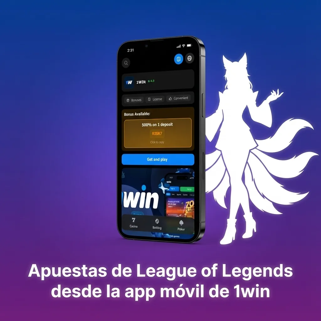 Mano sosteniendo celular con app de 1win abierta mostrando apuestas en vivo de League of Legends en pantalla