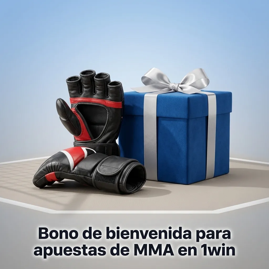 Banner de bono de bienvenida 1win para apuestas MMA, mostrando monto, porcentaje y tope del bono sobre fondo deportivo