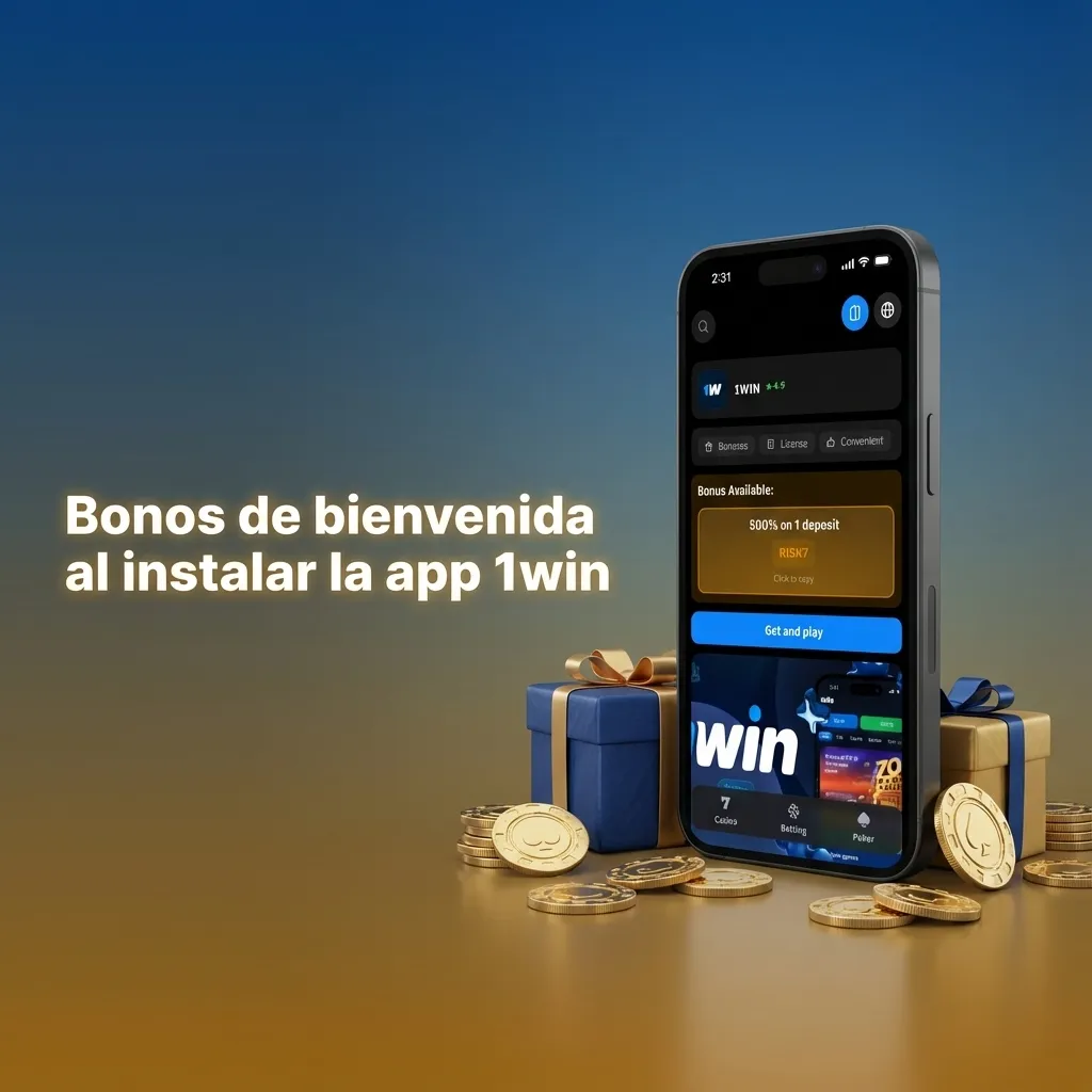 Ilustración promocional de la app 1win Chile mostrando bonos de bienvenida por varios depósitos y free spins