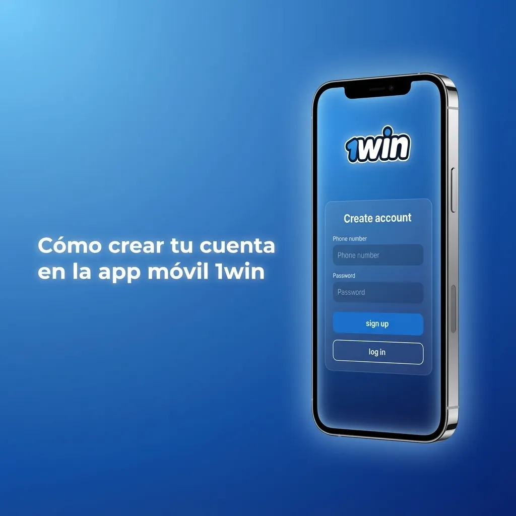 Pantalla de la app 1win en iPhone mostrando pasos de registro y opciones de método, moneda y código promocional