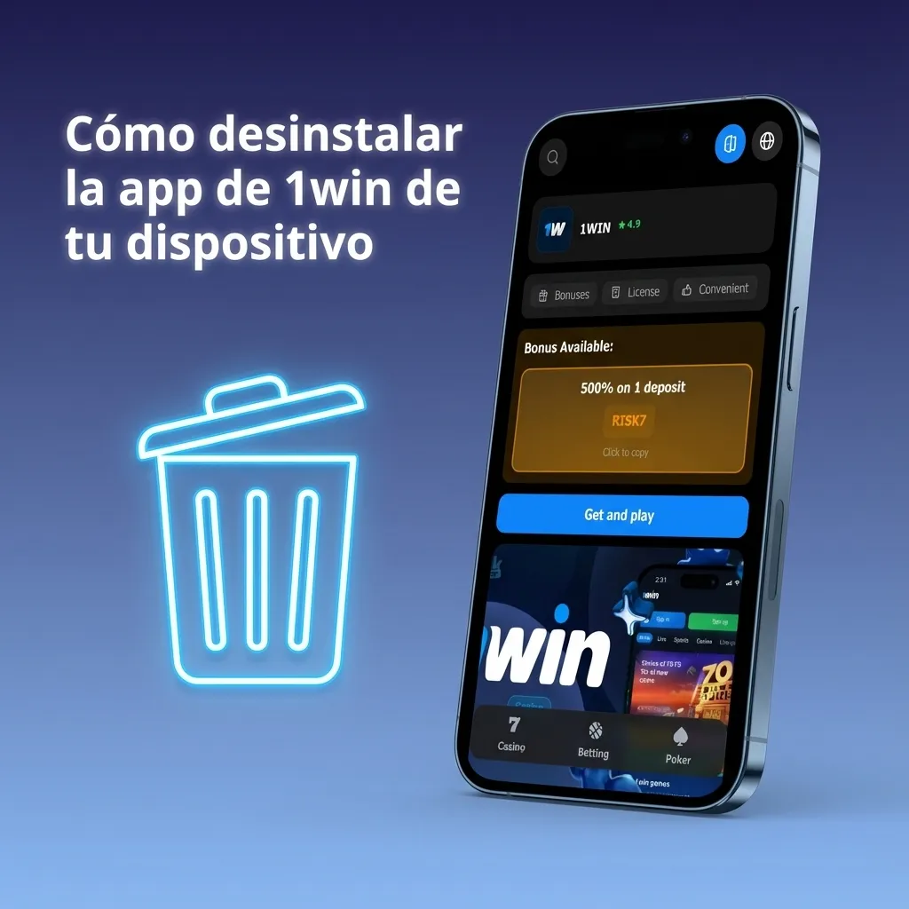 Ilustración de un usuario desinstalando la app 1win en Android e iOS, manteniendo el ícono y eligiendo desinstalar